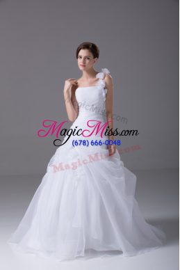 Exquisite White Sleeveless Brush Train Hand Made Flower Wedding Dresses