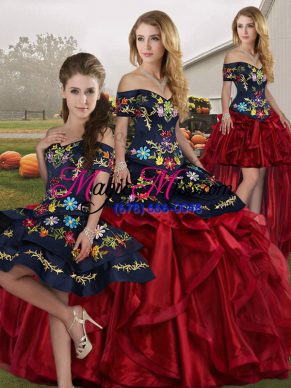 Red And Black Organza Lace Up Vestidos de Quinceanera Sleeveless Floor Length Embroidery and Ruffles