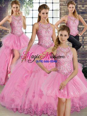 Captivating Sleeveless Floor Length Lace and Embroidery and Ruffles Lace Up Vestidos de Quinceanera with Rose Pink