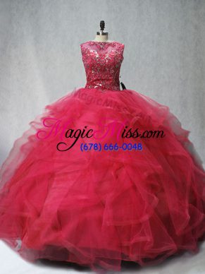 Glamorous Coral Red Quinceanera Dress Scoop Sleeveless Brush Train Lace Up