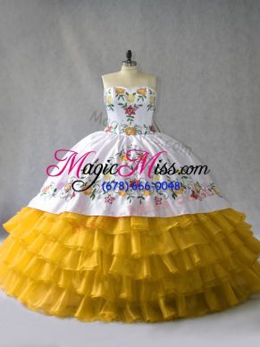 Cheap Sleeveless Organza Floor Length Lace Up 15 Quinceanera Dress in Gold with Embroidery and Ruffled Layers