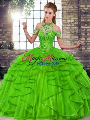 Modern Tulle Halter Top Sleeveless Lace Up Beading and Ruffles Sweet 16 Quinceanera Dress in Green