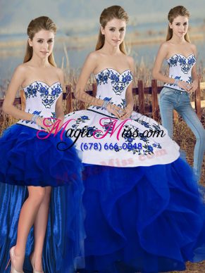 Custom Design Royal Blue Lace Up Quinceanera Gown Embroidery and Ruffles and Bowknot Sleeveless Floor Length