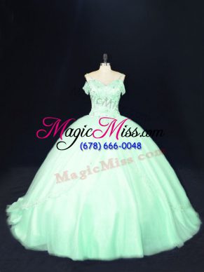 Glorious Off The Shoulder Sleeveless Court Train Lace Up Sweet 16 Dress Apple Green Tulle