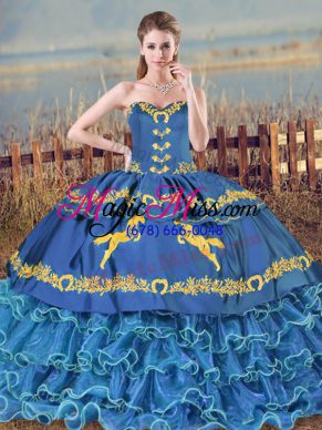 High Quality Blue Quinceanera Dress Sweet 16 with Ruffled Layers Sweetheart Sleeveless Brush Train Lace Up