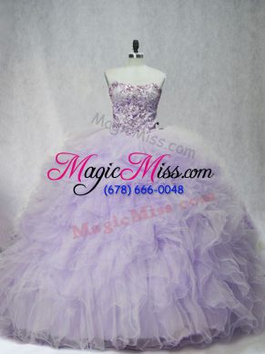 Perfect Lavender Tulle Lace Up Sweetheart Sleeveless Sweet 16 Dresses Brush Train Ruffles