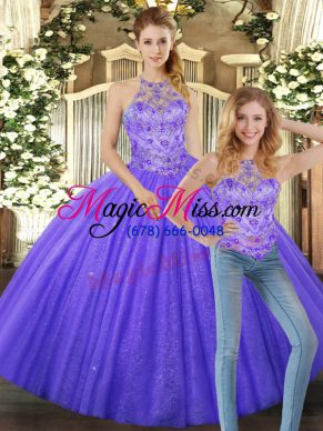 Lavender Sleeveless Tulle Lace Up Ball Gown Prom Dress for Military Ball and Sweet 16 and Quinceanera