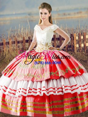 Nice White And Red Satin Lace Up V-neck Sleeveless Floor Length Ball Gown Prom Dress Embroidery and Ruffled Layers