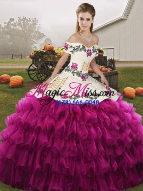 Sophisticated Off The Shoulder Sleeveless Organza 15 Quinceanera Dress Embroidery and Ruffled Layers Lace Up
