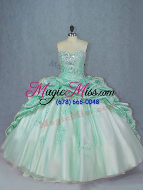 Lovely Apple Green Ball Gowns Sweetheart Sleeveless Organza and Taffeta Brush Train Lace Up Beading and Pick Ups Quinceanera Gowns