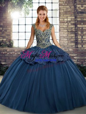 Delicate Navy Blue Lace Up Straps Beading and Appliques 15th Birthday Dress Tulle Sleeveless