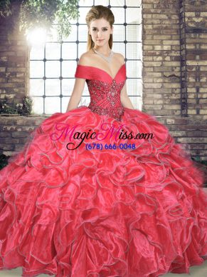 Luxurious Coral Red 15th Birthday Dress Military Ball and Sweet 16 and Quinceanera with Beading and Ruffles Off The Shoulder Sleeveless Lace Up