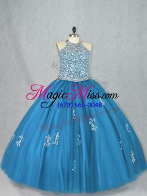 Custom Designed Sleeveless Tulle Floor Length Lace Up Quince Ball Gowns in Blue with Beading and Appliques