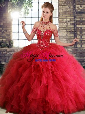 Beautiful Floor Length Red Sweet 16 Dresses Tulle Sleeveless Beading and Ruffles