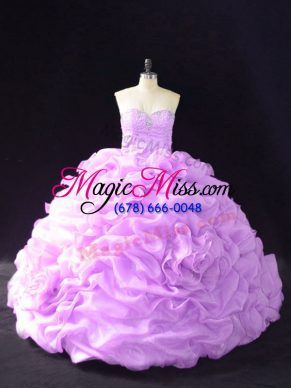 Dramatic Sweetheart Sleeveless Ball Gown Prom Dress Court Train Beading and Pick Ups and Hand Made Flower Lilac Organza