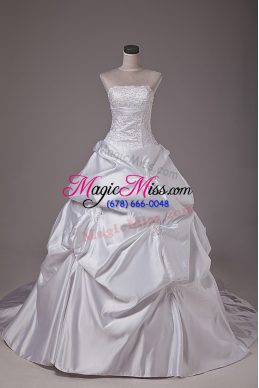 Beautiful White Wedding Dress Taffeta Brush Train Sleeveless Embroidery and Pick Ups