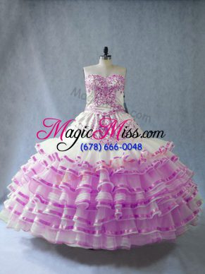 Lilac Ball Gowns Embroidery and Ruffled Layers 15th Birthday Dress Lace Up Organza Sleeveless Floor Length