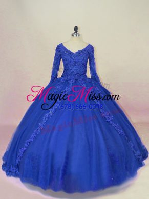 Best V-neck Long Sleeves Quinceanera Dress Lace and Appliques Royal Blue Tulle