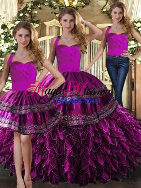 Fuchsia Organza Lace Up Halter Top Sleeveless Floor Length Quinceanera Dresses Embroidery and Ruffles