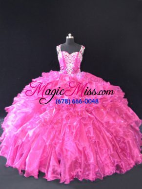 Designer Organza Straps Sleeveless Lace Up Beading and Ruffles Ball Gown Prom Dress in Fuchsia