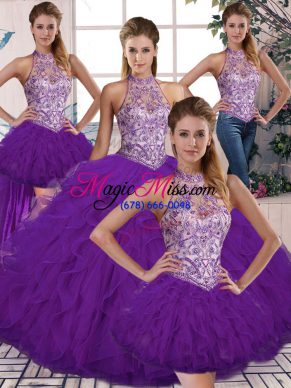 Purple Tulle Lace Up Halter Top Sleeveless Floor Length Quinceanera Dress Beading and Ruffles