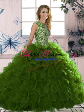 Amazing Floor Length Lace Up Quinceanera Dress Olive Green for Military Ball and Sweet 16 and Quinceanera with Beading and Ruffles