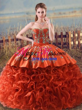 Orange Red Sweetheart Lace Up Embroidery and Ruffles Sweet 16 Dresses Brush Train Sleeveless