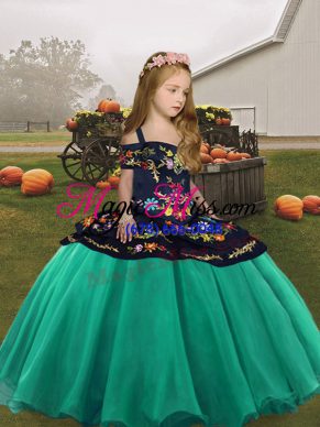 Turquoise Pageant Gowns For Girls Party and Wedding Party with Embroidery Straps Sleeveless Lace Up