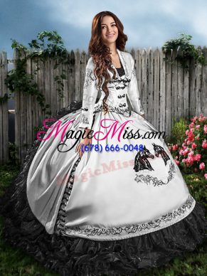 White And Black Sweetheart Lace Up Embroidery and Ruffles Sweet 16 Dress Sleeveless