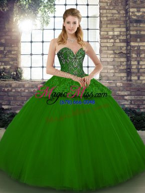 Flirting Sleeveless Floor Length Beading and Appliques Lace Up Quinceanera Gown with Green