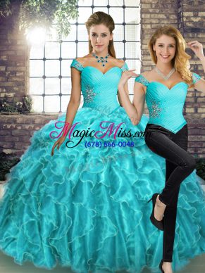 Aqua Blue Sleeveless Brush Train Beading and Ruffles Quince Ball Gowns