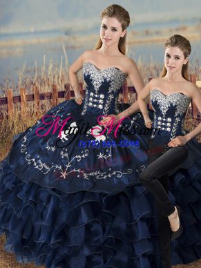 Floor Length Navy Blue Quinceanera Gowns Sweetheart Sleeveless Lace Up