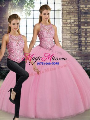 Smart Floor Length Pink Quinceanera Dresses Tulle Sleeveless Embroidery