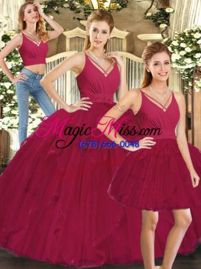 Modern Floor Length Lace Up Quince Ball Gowns Red for Sweet 16 and Quinceanera with Ruffles