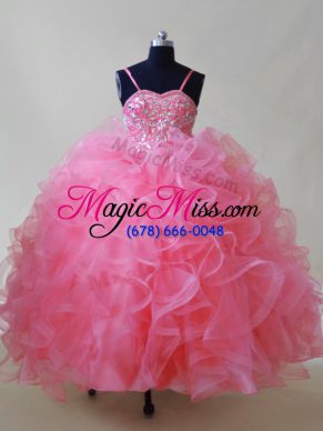 Floor Length Lace Up Pageant Gowns For Girls Pink for Wedding Party with Beading and Ruffles