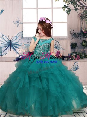 Turquoise Organza Zipper Scoop Sleeveless Floor Length Little Girls Pageant Gowns Beading and Ruffles