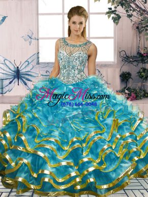 Blue Sleeveless Beading and Ruffles Floor Length Quince Ball Gowns