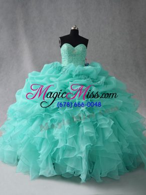 Aqua Blue Sweetheart Lace Up Beading and Ruffles and Pick Ups Ball Gown Prom Dress Sleeveless