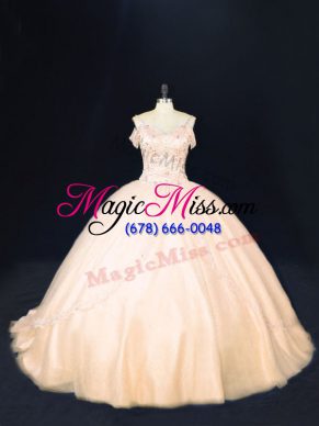 Sleeveless Beading Zipper Quinceanera Dress with Peach Court Train