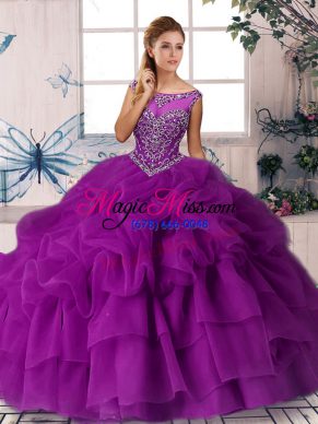 Purple Scoop Zipper Beading and Pick Ups Quinceanera Gowns Brush Train Sleeveless