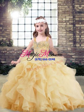 Beading and Ruffles Girls Pageant Dresses Gold Lace Up Sleeveless Floor Length