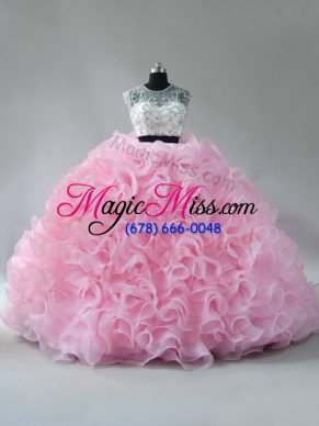 Fabric With Rolling Flowers Sleeveless Quince Ball Gowns Brush Train and Beading and Ruffles