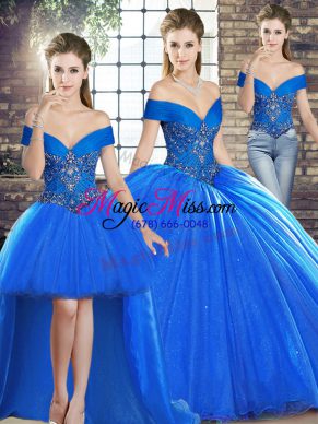 Admirable Royal Blue Off The Shoulder Lace Up Beading Quince Ball Gowns Brush Train Sleeveless