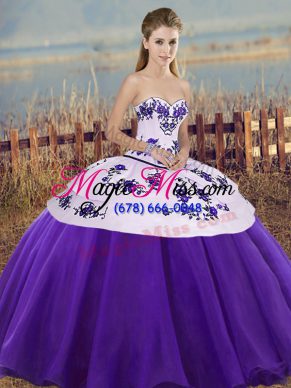 High Class Sweetheart Sleeveless Lace Up Quince Ball Gowns White And Purple Tulle