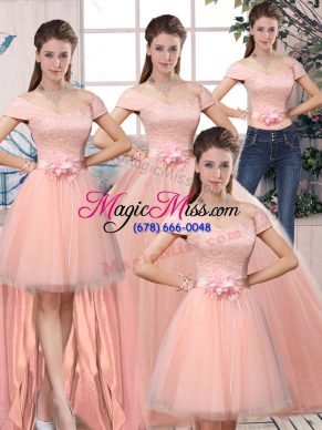 Tulle Short Sleeves Floor Length Quinceanera Dress and Lace and Hand Made Flower