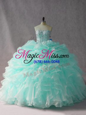 Apple Green Sleeveless Brush Train Beading and Ruffles and Pick Ups Sweet 16 Dresses