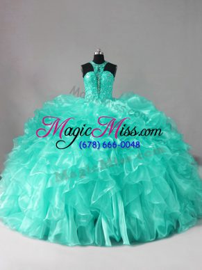 Cheap Aqua Blue Zipper Halter Top Beading and Ruffles Quinceanera Dresses Organza Sleeveless Brush Train