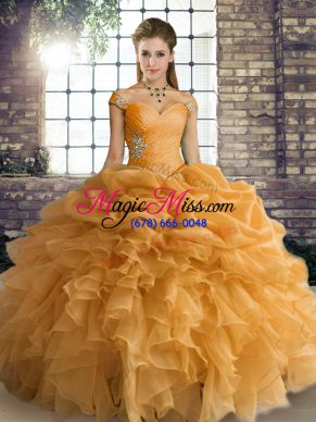 Orange Lace Up Quinceanera Dress Beading and Ruffles and Pick Ups Sleeveless Floor Length