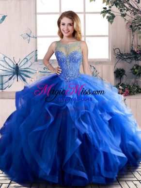 Perfect Ball Gowns 15th Birthday Dress Royal Blue Scoop Tulle Sleeveless Floor Length Lace Up