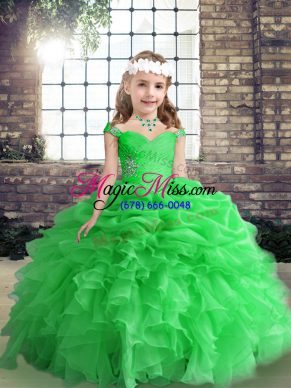 Beading and Ruffles Little Girl Pageant Dress Green Lace Up Sleeveless Floor Length